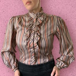 Vintage Jo Matthews Earth-tones Striped High-Neck Ruffle Long Sleeve Blouse